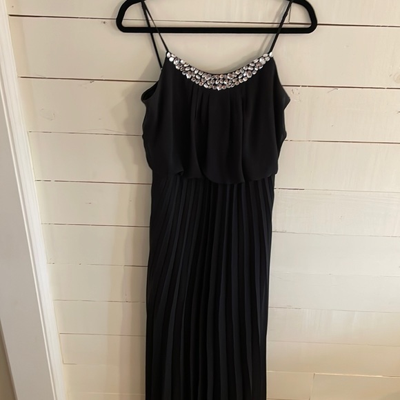 Bisou Bisou Black Long Pleated Chiffon Maxi Dress with Jeweled Top, Size 4 - Picture 2 of 8